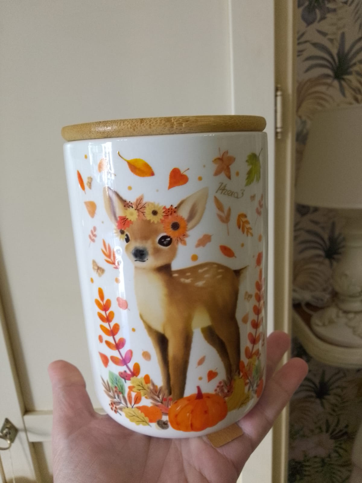 Barattolo Ceramica Coperchio Legno Animali del Bosco - Chiusura Ermetica