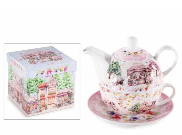 Set Teiera in Porcellana con Tazza e Piattino - Decorazione Floreale Primavera
