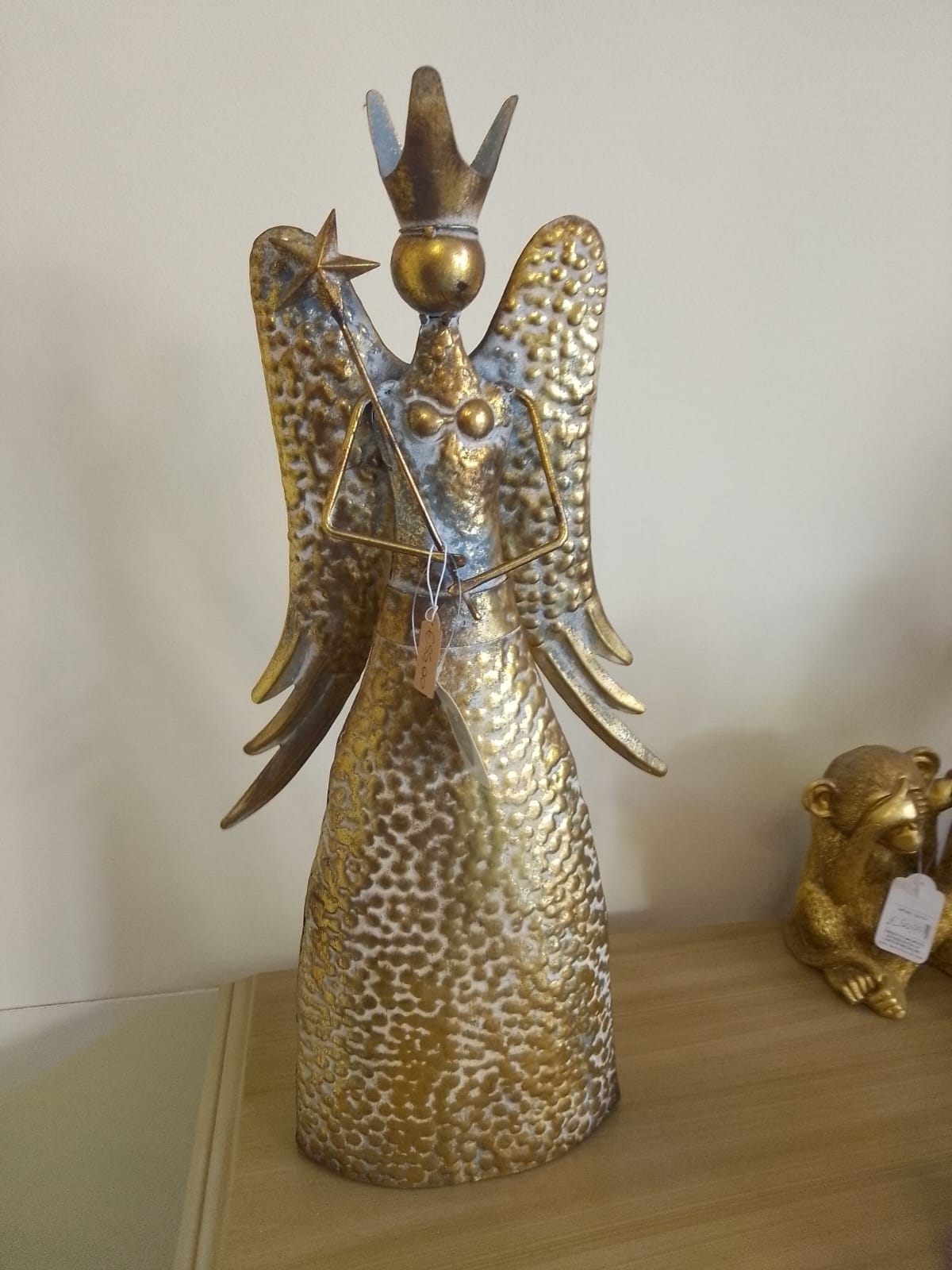 Angelo Decorativo Ferro Corona Oro Anticata con Bacchetta Stellina 37cm