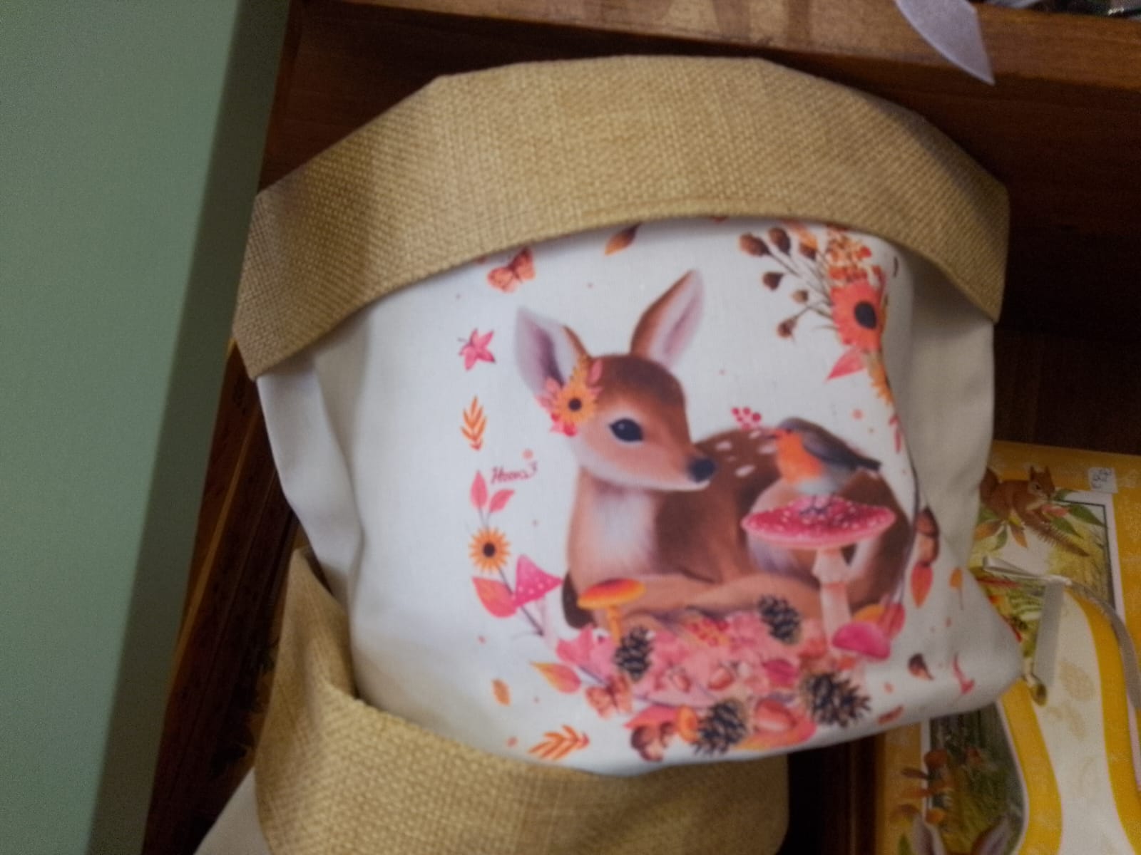 Cestino Portaoggetti Stoffa Animali del Bosco con Interno Juta 19x23cm
