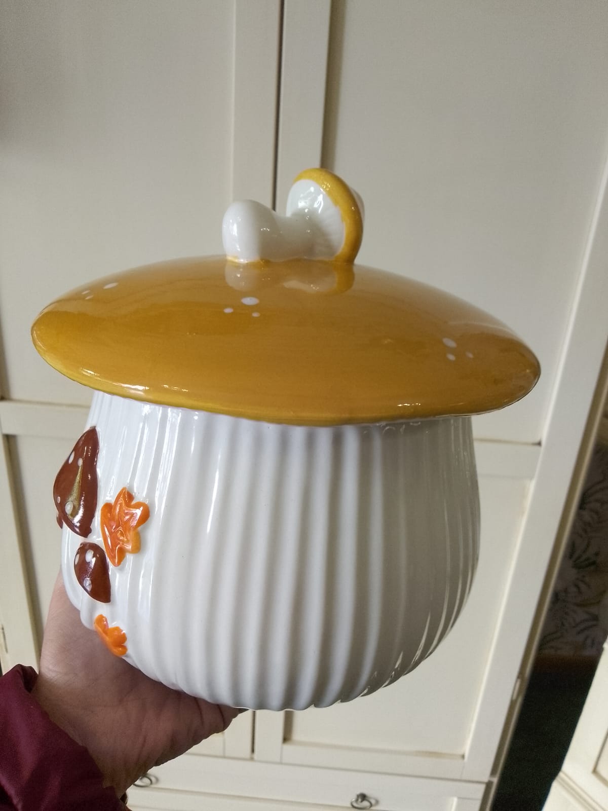 Barattolo Alimentare Fungo Ceramica Decori Rilievo Chiusura Ermetica 20cm