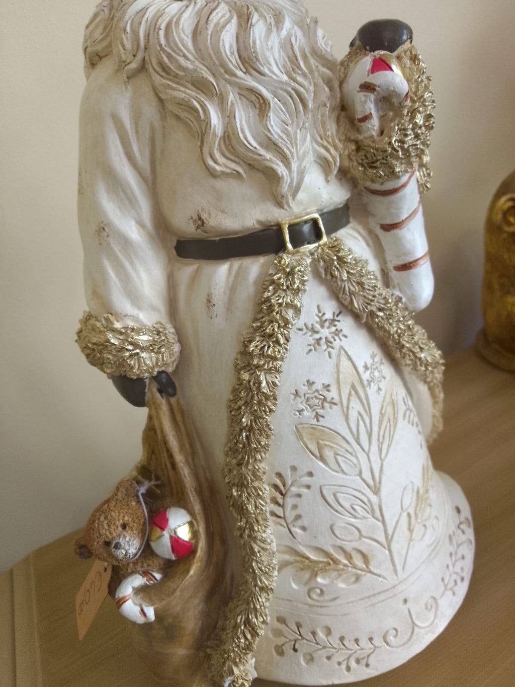 Babbo Natale Decorativo in Resina Bianco Anticato con Decori Oro 30cm