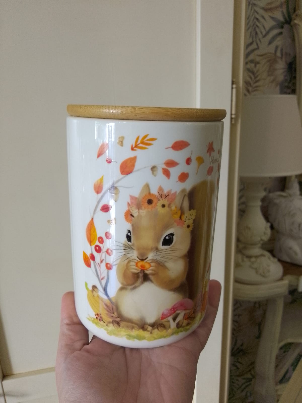 Barattolo Ceramica Collezione Autunno Animali del Bosco - Coperchio Legno