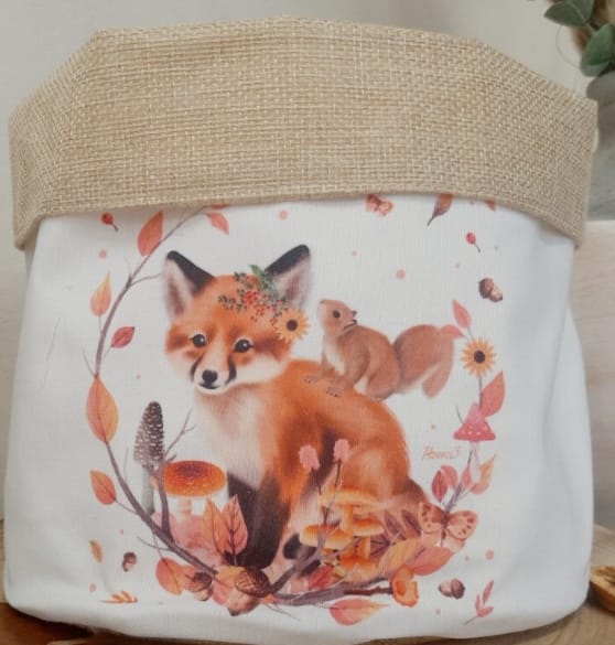 Cestino Portaoggetti Stoffa Animali del Bosco con Interno Juta 19x23cm